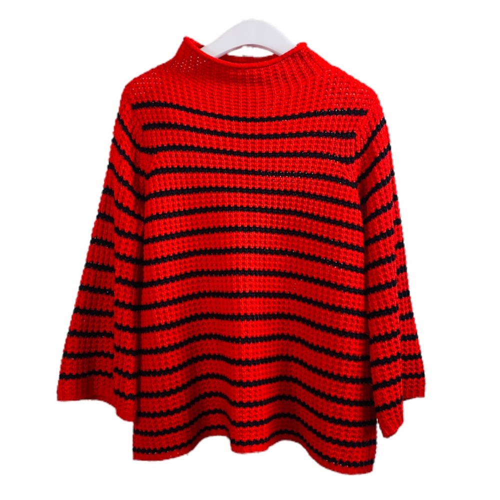 New Direction Red &  Black Stripe Mock Neck Knit Flare Sweater Size L